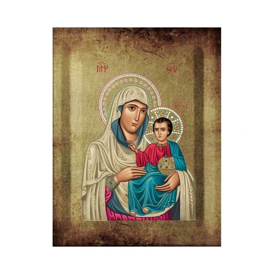 Παναγία Ιεροσολυμίτισσα Μεταξοτυπία με Παλαίωση σε Ένσκαπτο Ξύλο
