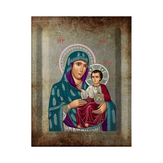 Παναγία Ιεροσολυμίτισσα Μεταξοτυπία με Παλαίωση σε Ένσκαπτο Ξύλο