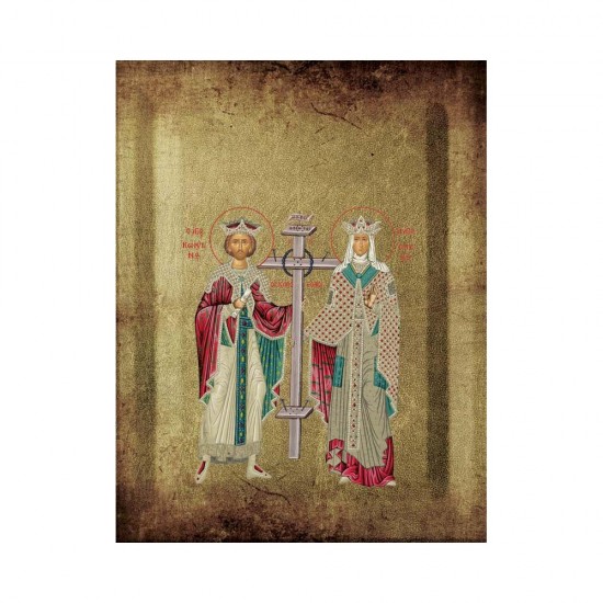 Αγιος Κωνσταντίνος και Αγία Ελένη Μεταξοτυπία με Παλαίωση σε Ένσκαπτο Ξύλο