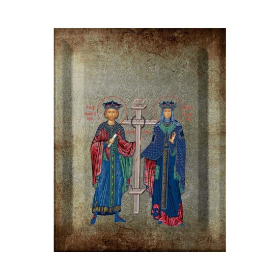 Αγιος Κωνσταντίνος και Αγία Ελένη Μεταξοτυπία με Παλαίωση σε Ένσκαπτο Ξύλο