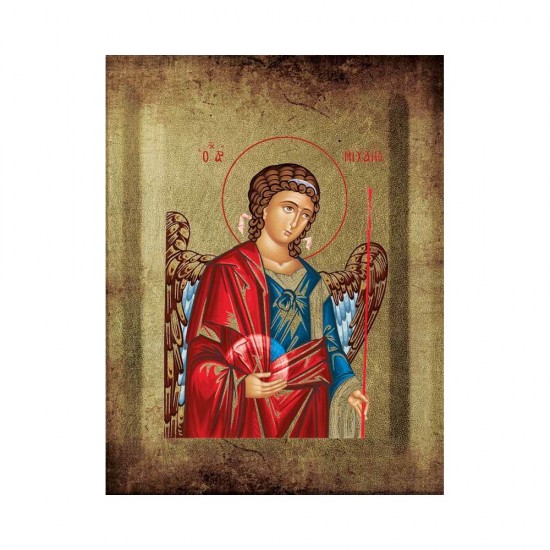 Αρχάγγελος Μιχαήλ Μεταξοτυπία με Παλαίωση σε Ένσκαπτο Ξύλο