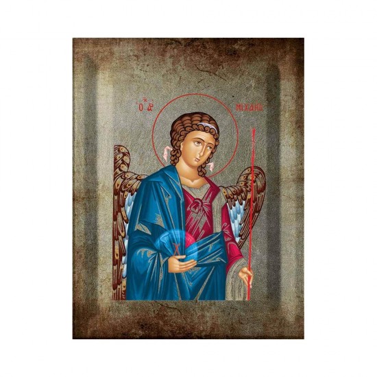 Αρχάγγελος Μιχαήλ Μεταξοτυπία με Παλαίωση σε Ένσκαπτο Ξύλο