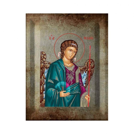 Αρχάγγελος Μιχαήλ Μεταξοτυπία με Παλαίωση σε Ένσκαπτο Ξύλο