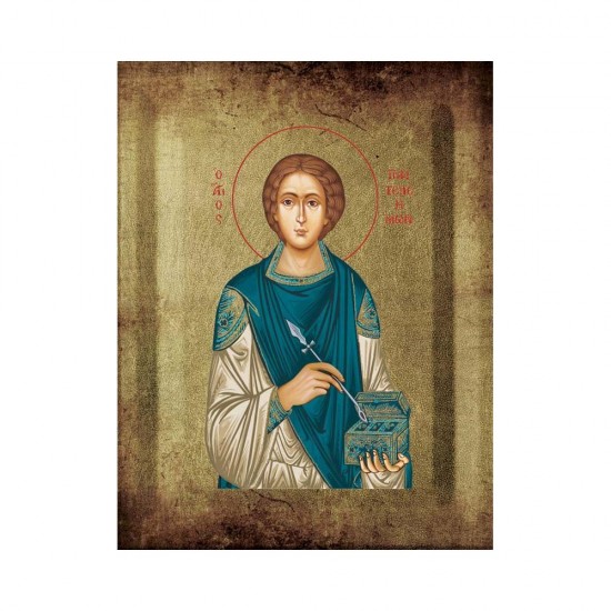 Αγιος Παντελεήμων Μεταξοτυπία με Παλαίωση σε Ένσκαπτο Ξύλο