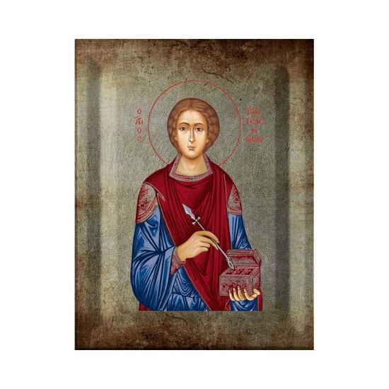 Αγιος Παντελεήμων Μεταξοτυπία με Παλαίωση σε Ένσκαπτο Ξύλο